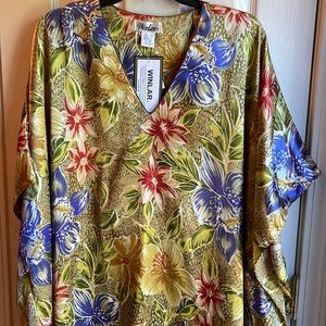 NWT WINLAR SATEEN FEEL VIBRANT ELEGANT FLORAL DESIGN PRINT FULL LENGTH CAFTAN